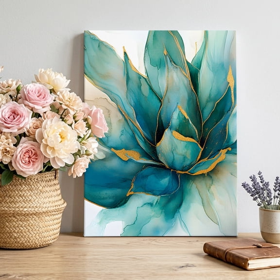 Teal Gold Floral Canvas Wall Art for Living Room, Abstract Turquoise Golden Gradient Flower Poster Print Painting for Bedroom Office Home Decoration Wall Pictures Prepare To Hang 16"x20"