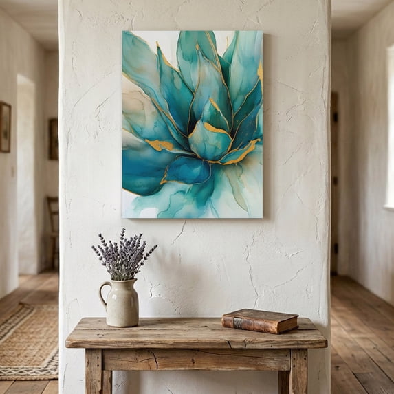 Teal Gold Floral Canvas Wall Art for Living Room Bedroom Bathroom, Abstract Turquoise Golden Gradient Flower Canvas Art Wall Decor, Artwork for Walls Home Office Decor, 18"x24"