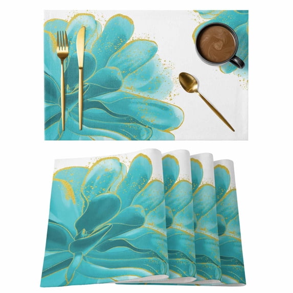 Teal Gold Flower Placemats Set of 12, Green Gradient Vintage Abstract Line Non-Slip Place Mats Washable Table Mats for Kitchen Dining Table Decorations Indoor/Outdoor