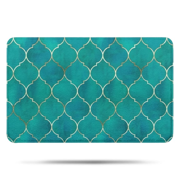 Teal and Gold Geometric Lattice Pattern Bathroom Rugs Mat,Non Slip Microfiber Bathroom Rug,Rubber Backing,Soft Bathroom Mats for Bathroom Floor,Tub and Shower,17x27in(43x68cm)
