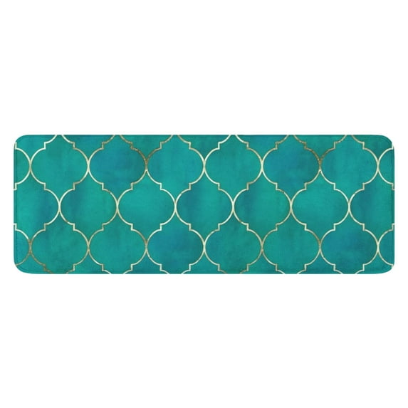 Teal and Gold Geometric Lattice Pattern Kitchen Rug Mat,Kitchen Runner Rugs Non Skid Washable,Decorative Kitchen Floor Mats for Kitchen,Sink,Laundry,17"x47.2"