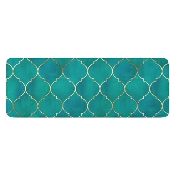 Teal and Gold Geometric Lattice Pattern Kitchen Rug Mat,Kitchen Runner Rugs Non Skid Washable,Decorative Kitchen Floor Mats for Kitchen,Sink,Laundry,17"x47.2"