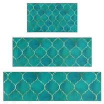 Teal and Gold Geometric Lattice Pattern Kitchen Rugs Sets Of 3,Kitchen Runner Rugs Non Skid Washable,Decorative Kitchen Floor Mats for Kitchen,Sink,Laundry,17"x30" 17"x47" 17"x59"
