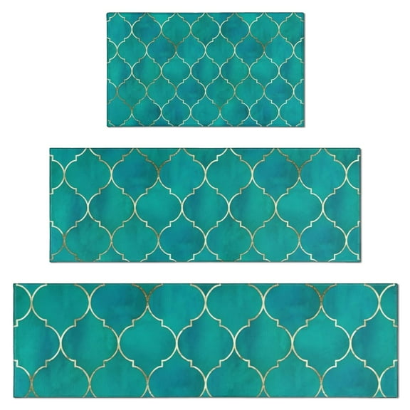 Teal and Gold Geometric Lattice Pattern Kitchen Rugs Sets Of 3,Kitchen Runner Rugs Non Skid Washable,Decorative Kitchen Floor Mats for Kitchen,Sink,Laundry,17"x30"+ 17"x47" + 17"x59"