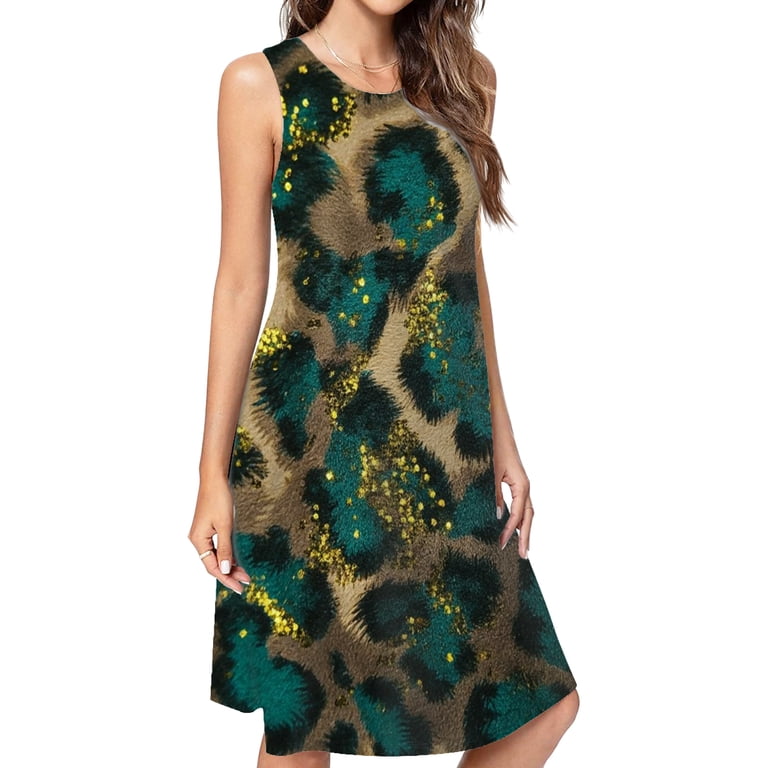 ladies quality dresses JHWJH25 Teal Gold Glitter Leopard Print Dress Elegant Party Evening Dresses Women Dress Sleeveless Dress Dresses, Women's, Size: 3XL Flats