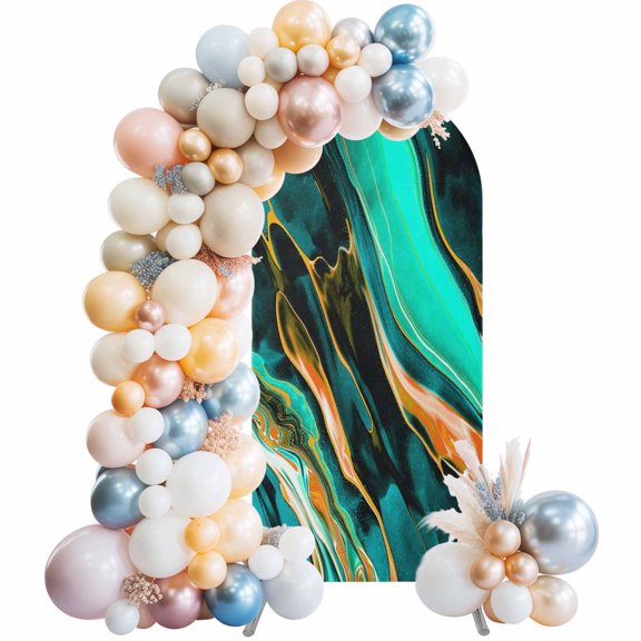 Teal Gold Gradient Marble Arch Backdrop Cover 4 FT Abstract Ombre Wave Stone Texture Stretchy Elastic Arch Stand Covers Spandex Arched Background Birthday Wedding Party Decoration (No Stand)
