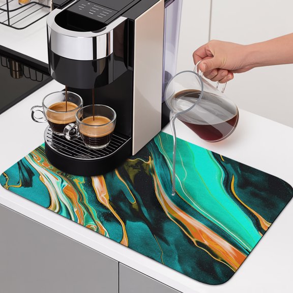 Teal Gold Gradient Marble Dish Drying Mats for Kitchen Counter, Abstract Ombre Wave Stone Texture Absorbent Coffee Bar Mat with Non-slip Rubber Backed Quick Drying Dish Rack Pad 12"x16"