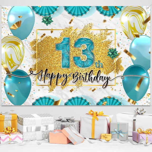 Teal Gold Happy 13th Birthday Backdrop Banner Decorations 13 Years Old Bday Background for Girls Boys Photography Party Decor Supplies