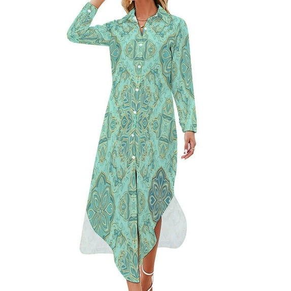 Teal Gold Intricate Floral Pattern Shirt Dress Long Sleeve Street Fashion V Neck Oversized Casual Dress Women Evening Dress