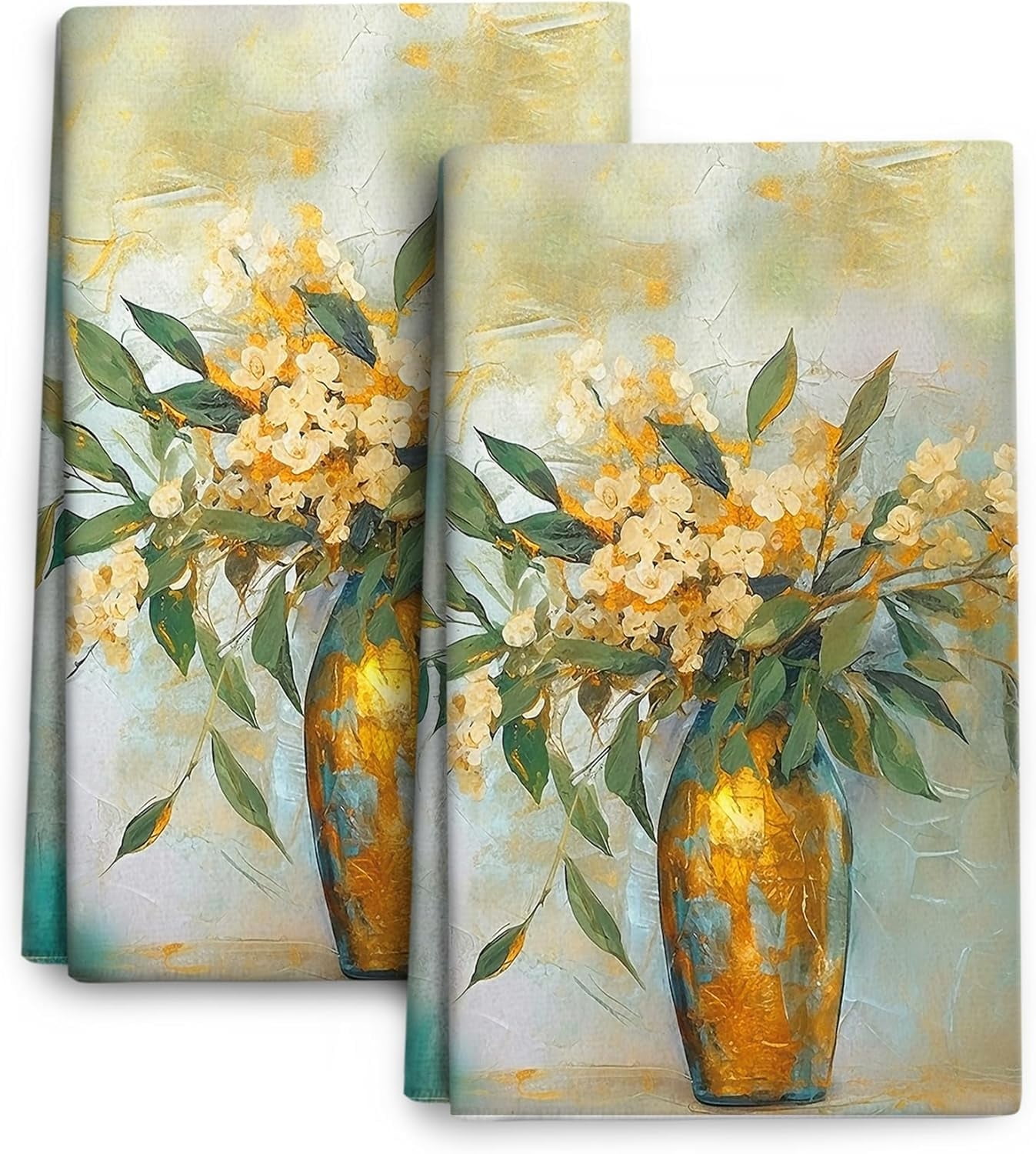 Teal Gold Kitchen Towels Decorative Set of 2 Absorbent Green Hand ...