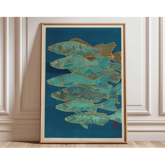 Teal Gold Koi Fish Wall Art Print, Unframed Paper Poster 8x10in