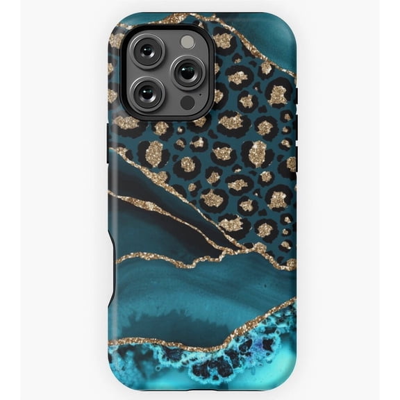 Teal Gold Leopard Agate Abstract Pattern Phone Case for iPhone 11 12 13 14 15 16 17 Pro Max