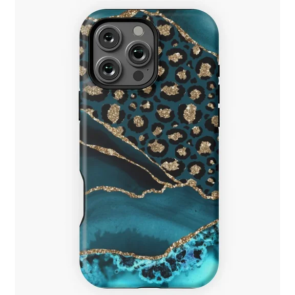 Teal Gold Leopard Agate Texture Protective Case for iPhone 11 12 13 14 15 16 17 Pro Max