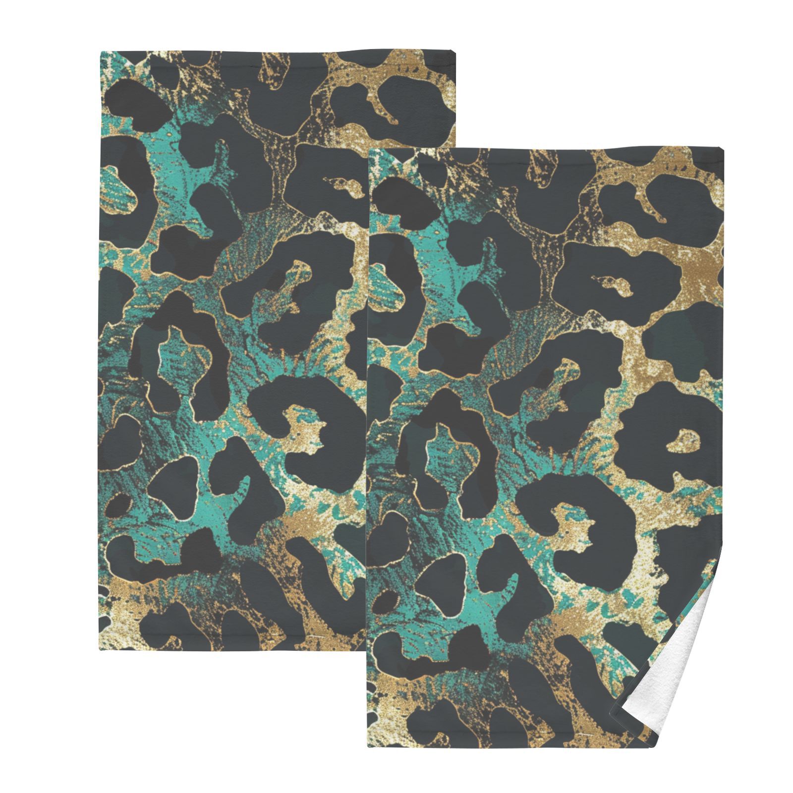 Teal Gold Leopard Hand Towels Cotton Bath Towels Large Face Towels Absorbent for Bathroom 2 Packs