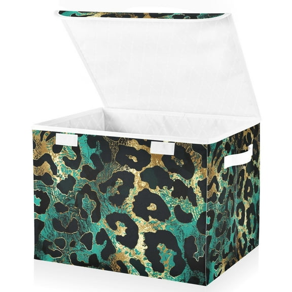 Teal Gold Leopard Storage Basket for Shelves Foldable Container Organizer for Organizing Toys Clothes Books with Handles