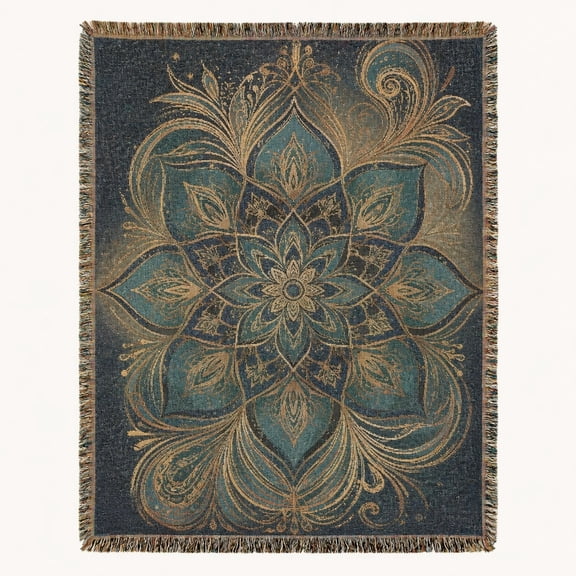 Teal Gold Mandala Woven Cotton Throw Blanket with Fringe, Boho Floral Decor