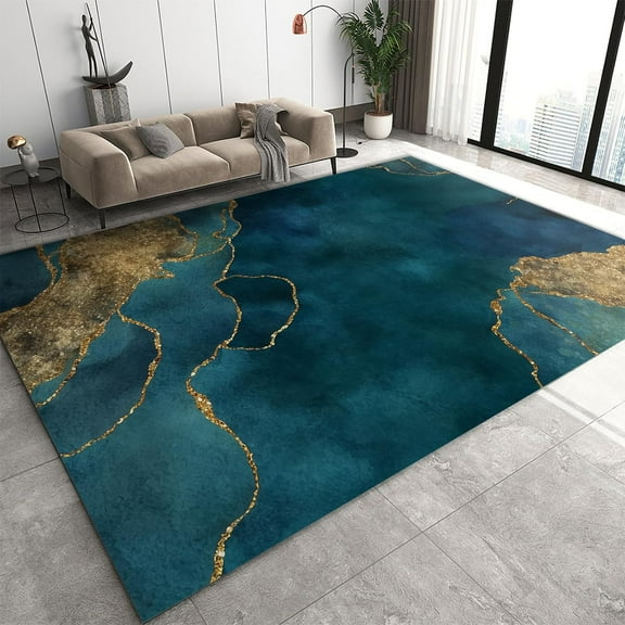 Teal and Gold Marble Area Rug 5' x 6' Rugs for Living Room Bedroom Rug, Vintage Gold Foil Turquoise Washable Rug Comfortable Non-Slip Flooring Mat for Room Apartment
