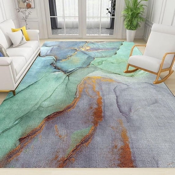 Teal Gold Marble Area Rug, Entry Rug Non-Slip Washable Indoor Door Mat, Small Modern Abstract Art Print Throw Rug For Bedroom Kitchen Entryway Bathroom 5 x 6ft