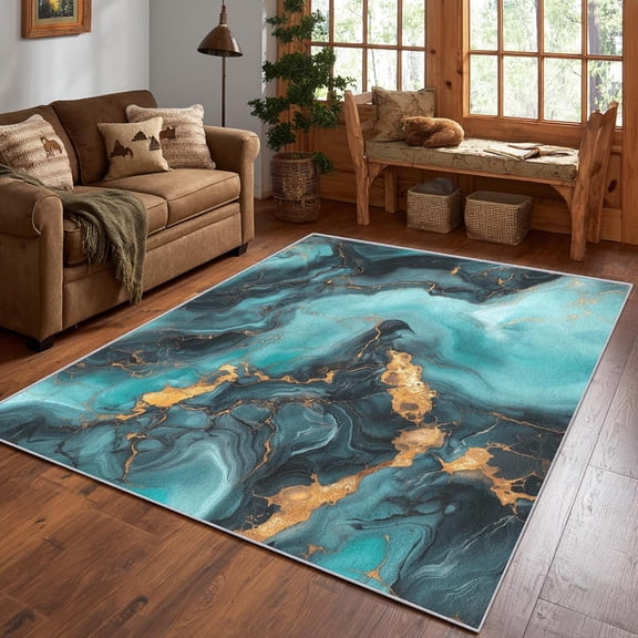 Teal Gold Marble Area Rug, Modern Abstract Pattern Carpet, Washable Non Slip Low Pile Soft Thin, Living Room Bedroom Home Decor Mat 2x3ft(Small)