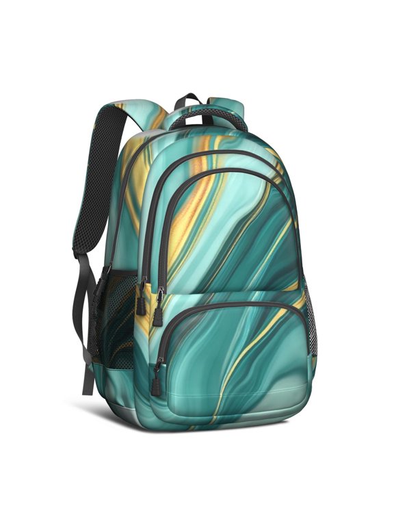 Teal Gold Marble Backpack for School,Cute School Bag,Schoolbag with Adjustable Shoulder Straps & Padded Back,16.9 Inch