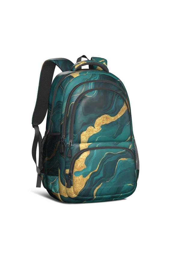 Teal Gold Marble Backpack for School,Cute School Bag,Schoolbag with Adjustable Shoulder Straps & Padded Back,16.9 Inch
