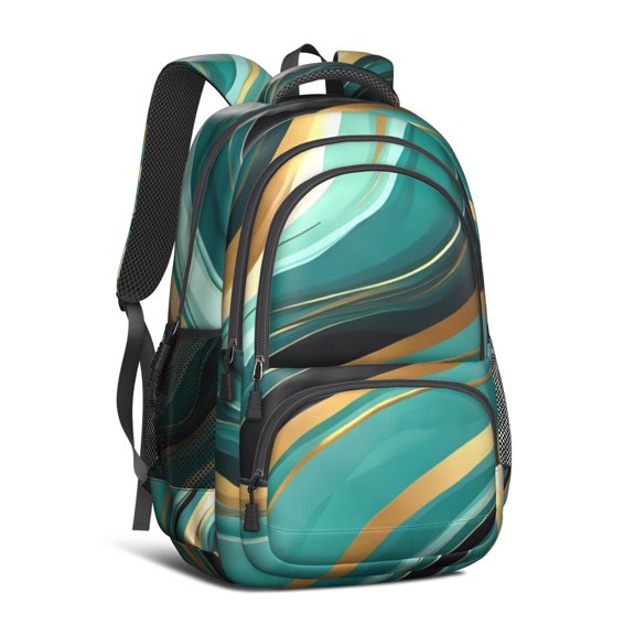 Teal Gold Marble Backpack for School,Cute School Bag,Schoolbag with Adjustable Shoulder Straps & Padded Back,16.9 Inch