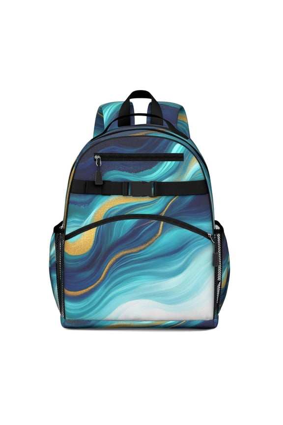 Blue and Gold Marble Shimmer Streaks Pattern Backpack for School,Cute School Bag,Schoolbag with Adjustable Shoulder Straps & Padded Back,15.25"x11.5"x5.25"