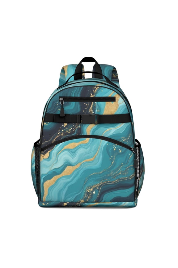 Blue and Gold Marble Sparkle Waves Pattern Backpack for School,Cute School Bag,Schoolbag with Adjustable Shoulder Straps & Padded Back,15.25"x11.5"x5.25"