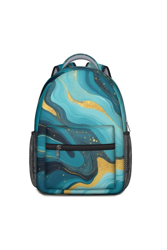 Teal Gold Marble Backpack for School,Cute School Bag,Schoolbag with Adjustable Shoulder Straps & Padded Back,15.3"x11"x6.7"