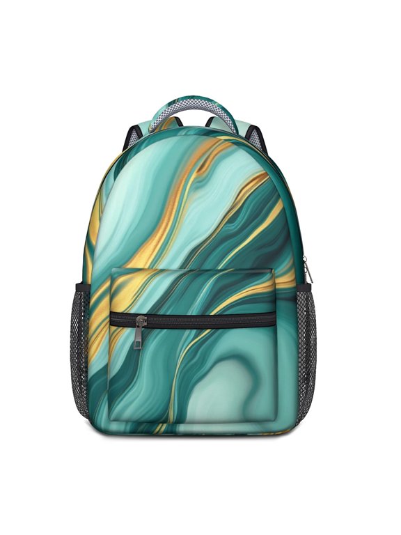 Teal Gold Marble Backpack for School,Cute School Bag,Schoolbag with Adjustable Shoulder Straps & Padded Back,15.3"x11"x6.7"