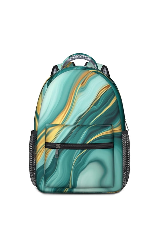 Teal Gold Marble Backpack for School,Cute School Bag,Schoolbag with Adjustable Shoulder Straps & Padded Back,15.3"x11"x6.7"