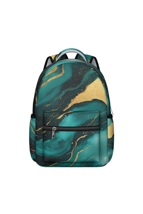Teal Gold Marble Backpack for School,Cute School Bag,Schoolbag with Adjustable Shoulder Straps & Padded Back,15.3"x11"x7.1".
