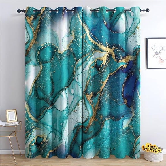 Teal Gold Marble Curtains Set, Luxury Modern Patterned Blackout Curtains For Bedroom, Living Room Decor, Room Darkening Thermal Insulated Grommet Drapes 42"W x 63"L (Pack of 2)
