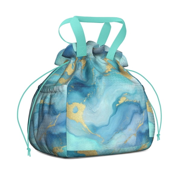 Teal Gold Marble Drawstring Lunch Bag Women - Drawstring Lunch Bag Insulated for Work Office - Stain-Resistant Large Lunchbags for Women with Multi-Pockets