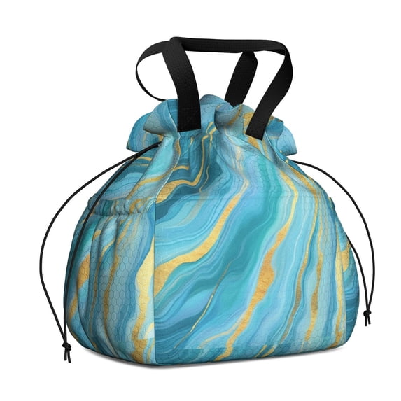 Teal Gold Marble Drawstring Lunch Bag Women - Drawstring Lunch Bag Insulated for Work Office - Stain-Resistant Large Lunchbags for Women with Multi-Pockets