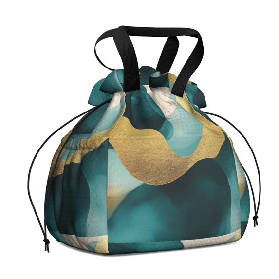 Teal Gold Marble Drawstring Lunch Bag Women - Drawstring Lunch Bag Insulated for Work Office - Stain-Resistant Large Lunchbags for Women with Multi-Pockets