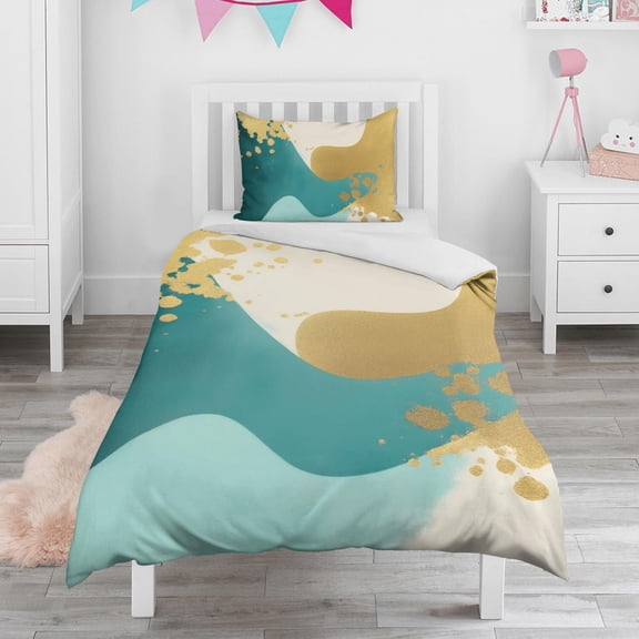 Teal Gold Marble Duvet Cover and Pillowcase Set for Single Bedding, Bedroom Accessories for Kids Teens