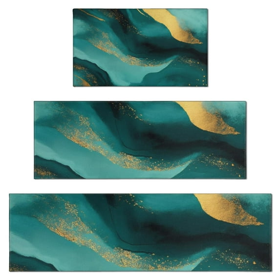 Teal and Gold Marble Flow Lines Pattern Kitchen Rugs Sets Of 3,Kitchen Runner Rugs Non Skid Washable,Decorative Kitchen Floor Mats for Kitchen,Sink,Laundry,17"x30"+ 17"x47" + 17"x59"