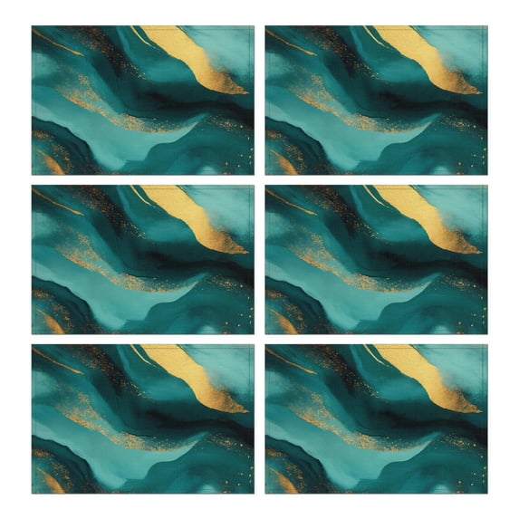 Teal and Gold Marble Flow Lines Pattern Summer Placemats Table Placemats Set Of 6-Linen Kitchen Washable Placemats Table Mats 11.8"x17.7" Non-Slip Heat Resistant