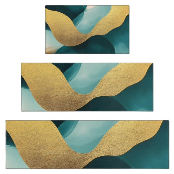 Teal and Gold Marble Fluid Art Pattern Kitchen Rugs Sets Of 3,Kitchen Runner Rugs Non Skid Washable,Decorative Kitchen Floor Mats for Kitchen,Sink,Laundry,17"x30"+ 17"x47" + 17"x59"