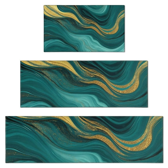 Teal and Gold Marble Glitter Waves Pattern Kitchen Rugs Sets Of 3,Kitchen Runner Rugs Non Skid Washable,Decorative Kitchen Floor Mats for Kitchen,Sink,Laundry,17"x30"+ 17"x47" + 17"x59"