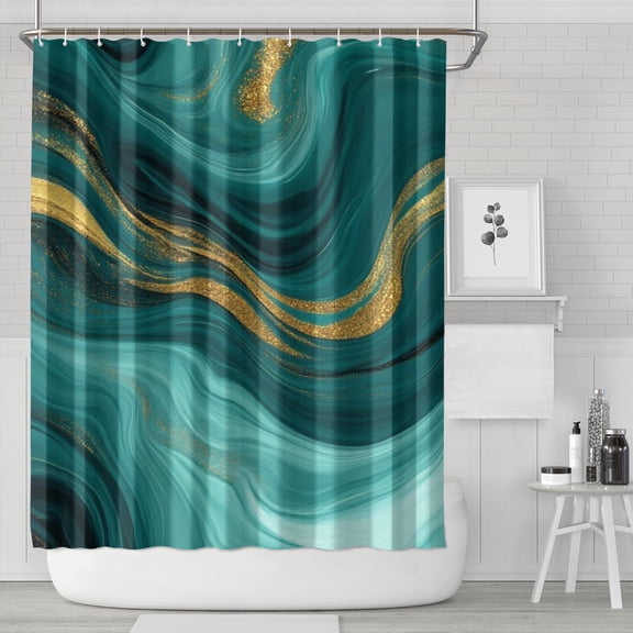 Teal and Gold Marble Glitter Waves Pattern Shower Curtain 84"x72" ,Bathroom Decorative Shower Curtains Set with 12 Hooks,Modern Waterproof Washable Shower Curtain