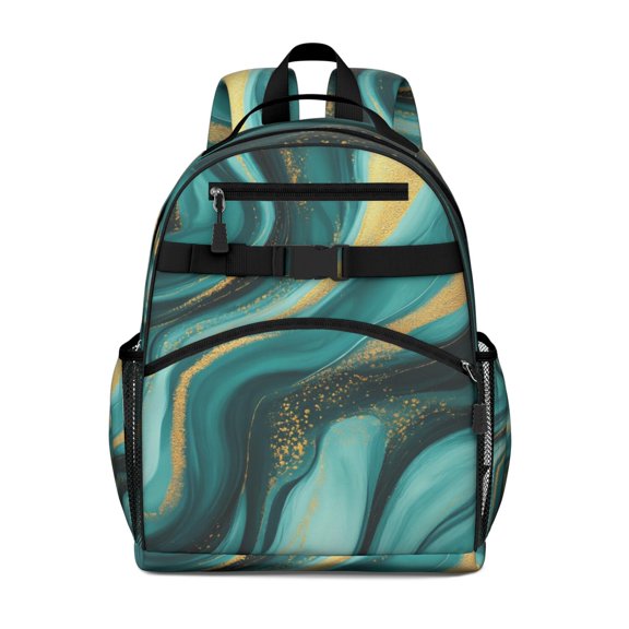Teal and Gold Marble Golden Splashes Pattern Backpack for School,Cute School Bag,Schoolbag with Adjustable Shoulder Straps & Padded Back,15.25"x11.5"x5.25"