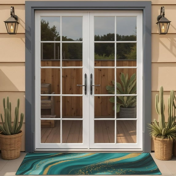 Teal and Gold Marble Golden Splashes Pattern Door Rugs,Washable Non Slip Door Mats Indoor,Decorative Door Mats,Entry Mat Indoor for Entrance,Bedroom,Kitchen,Bathroom,16"x47"