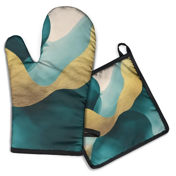 Teal Gold Marble Kitchen Oven Mitt and Pot Holder Sets 2 Pcs for Baking, Cooking and Grilling, Heat Resistant Up To 392 °F