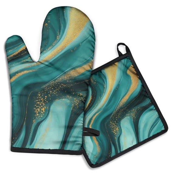 Teal Gold Marble Kitchen Oven Mitt and Pot Holder Sets 2 Pcs for Baking, Cooking and Grilling, Heat Resistant Up To 392 °F