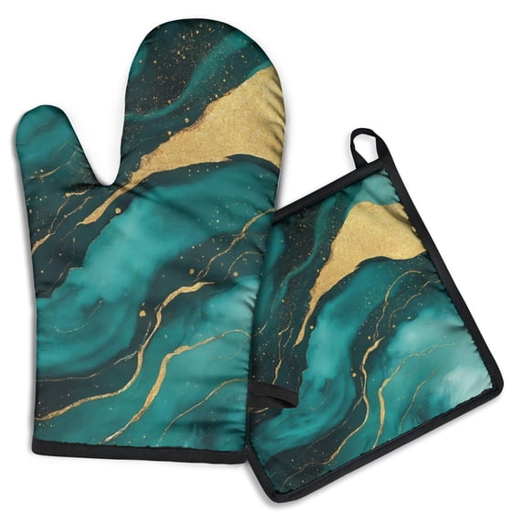 Teal Gold Marble Kitchen Oven Mitt and Pot Holder Sets 2 Pcs for Baking, Cooking and Grilling, Heat Resistant Up To 392 °F