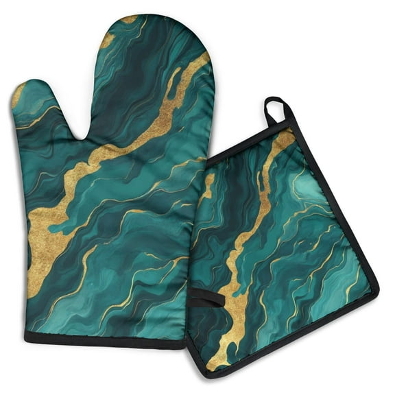 Teal Gold Marble Kitchen Oven Mitt and Pot Holder Sets 2 Pcs for Baking, Cooking and Grilling, Heat Resistant Up To 392 °F