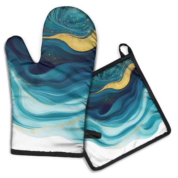 Teal Gold Marble Kitchen Oven Mitt and Pot Holder Sets 2 Pcs for Baking, Cooking and Grilling, Heat Resistant Up To 392 °F