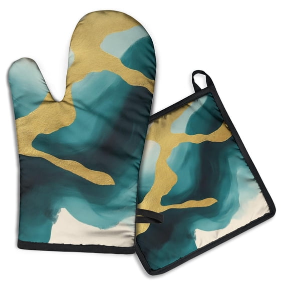 Teal Gold Marble Kitchen Oven Mitt and Pot Holder Sets 2 Pcs for Baking, Cooking and Grilling, Heat Resistant Up To 392 °F